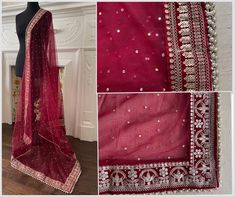 Maroon Bridal Net Duppatta Chunni Second Double Duppatta for your Wedding Outfit Lehenga. Chunni Ceremony Sagan Weddings Scarf Nikaah Mehendi Mayoon Dholki Maroon/ Dark Red Colour Net fabric base 2.5 inch border on all four sides finished with golden beads trim, chinta work with gold rhinestone all over the Duppatta. Rhinestones are glued. Full Size 2.5 meter Duppatta. Width 42 inches, all measurements are approximate  https://www.instagram.com/tohfaa_london/ Shipping within UK is via Royal Mail Reception Banarasi Silk Semi-stitched Dupatta, Unstitched Traditional Wear With Dupatta For Wedding, Banarasi Silk Dupatta With Zari Work For Reception, Dola Silk Traditional Wear With Sheer Dupatta For Wedding, Semi-stitched Dupatta For Wedding And Eid, Semi-stitched Dupatta For Wedding On Eid, Anarkali Art Silk Dupatta For Wedding, Wedding Traditional Wear With Sheer Dupatta In Dola Silk, Banarasi Silk Dupatta For Reception In Traditional Drape