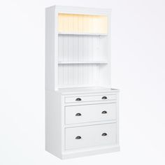 a white cabinet with two drawers and a shelf on the top, against a white background