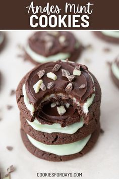 chocolate mint cookies are stacked on top of each other, with the title in the middle