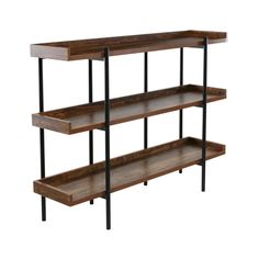 an industrial style shelving unit with four shelves and metal bars on each shelf, against a white background