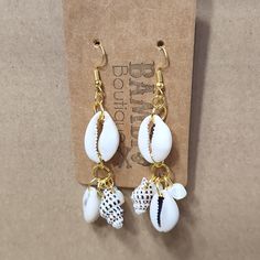 New! Handmade Sea Shells Drop Chunky Sea Shell Cluster White Brown Cream Gold Colored Hardware Pierced Earrings Sea Shell Earrings, Bullet Earrings, Sugar Skull Earrings, Minnie Mouse Earrings, Elephant Earrings, Bride Earrings, Crystal Dangle Earrings, Skull Earrings, Sterling Silver Dangle Earrings