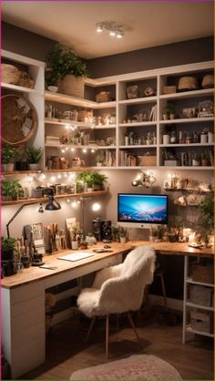 a home office with lots of shelves filled with plants and lights on the desk, along with a computer