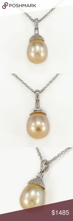 ☑️ SALE 18K Diamond South Sea Gold Pearl Necklace A stylish pendant necklace that boasts elegance and statement all in one. The golden-yellow South Sea pearl is accented with 23 brilliant round scintillating diamonds set in 18K white gold creating perfect harmony.  Chain Length 18" Grade A Natural Golden South Sea Pearl Pearl 10x11mm Diamond Total Carat Weight 0.20 Dia Color G-H Dia Clarity VS1-2 Pendant + Chain 18K White Gold Comes with original appraisal Jewelry Necklaces Elegant Yellow Necklace With High Luster, Elegant Yellow High Luster Necklace, Elegant Yellow Oval Necklace, Elegant Yellow Round Pearl Necklace, Classic Yellow Necklace For Wedding, Classic Yellow Wedding Necklace, Classic Yellow Pendant Necklace, Elegant Yellow Pearl Necklace For Formal Occasions, Classic Yellow Necklaces For Formal Occasions