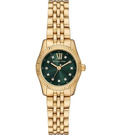 From Michael Kors&#x2C; this women's watch features: Gold-tone stainless steel bracelet and caseGreen sunray dial 2 pusher fold-over clasp closureThree-hand movementBand width approx. 14mmCase size approx. 26mmCase thickness approx. 8mm Inner Circumference: 175 /- 5mmWater Resistance: 5 ATMImported. Michael Kors Lexington, Michael Kors Jewelry, Jewelry Accessories Ideas, Three Hands, Analog Watch, Women's Watch, Stainless Steel Watch, Steel Bracelet, Michael Kors Watch