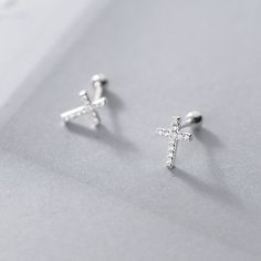 Cross Sterling Silver Screw Stud Earrings Minimalist Silver Cross Earrings, Silver Cross Earrings, Cross Stud Earrings, Cross Earrings Studs, Cross Design, Cross Earrings, Sterling Silver Cross, Cross Designs, Cartilage Earrings