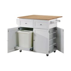 a white kitchen cart with drawers and a trash can in the bottom drawer that is open