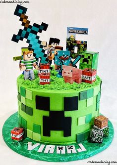 a cake made to look like a minecraft birthday cake with the characters on top