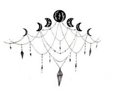 the moon and crescents are hanging from the wall with beads on each one side