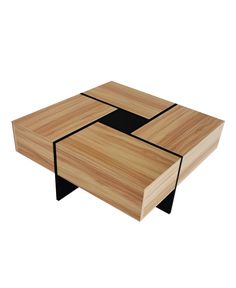 a wooden coffee table with black lines on the top and bottom, sitting against a white background