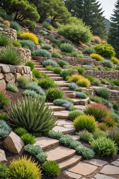 a hillside with many different types of plants growing on the sides and steps leading up to it