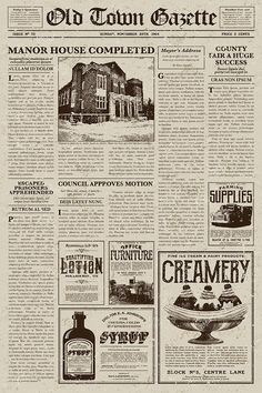 the front page of an old town gazette newspaper with images of buildings and other items