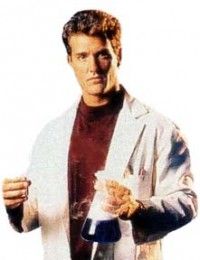 a man in a lab coat holding a beakle with a cat sitting on top of it