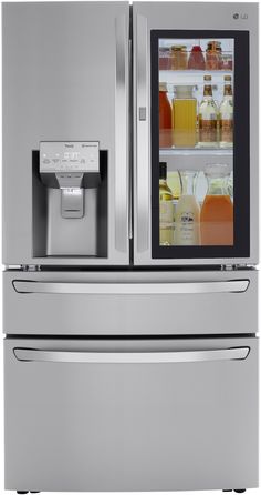 an image of a refrigerator with drinks in the door and ice maker on it's side