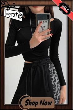 Hollow Knitted Crop Tops Women New Fitness Two-piece T-shirt Female Black White Long Sleeve Tops Trendy Black Crew Neck Knit Top, Black Crop Top For Winter, White Long Sleeve Tops, T Shirt Female, White Long Sleeve Top, Shirt Female, Knit Crop Top, Knit Crop, White Long Sleeve