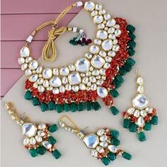 Gold Rodium Polish Multicolor color Necklace in Metal Alloy studded with Kundan Dark Green Necklace, Green Necklace Set, Indian Wedding Jewelry Sets, Beads Work, Kundan Choker, Bridal Necklace Set, Wedding Jewellery Collection, Studded Necklace, Choker Necklace Set