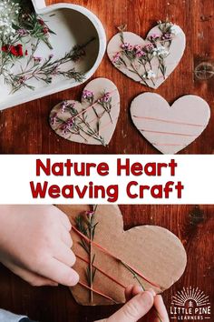 the hands are making heart weaving craft with flowers and twigs on it, while another hand is holding a piece of cardboard