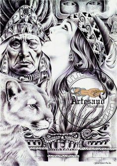 a drawing of two native americans and a wolf with their heads together, one is looking at the other