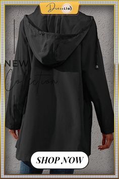 Casual Solid Pocket Buckle Zipper Hooded Collar Outerwear Black Hooded Jacket With Zipper For Outdoor Activities, Black Casual Hooded Jacket With Zipper Closure, Hooded Solid Color Outerwear For Outdoor, Casual Black Hooded Jacket With Zipper Closure, Casual Black Hooded Jacket With Zipper, Casual Black Parka With Drawstring Hood, Black Hooded Jacket For Spring Outdoor Activities, Solid Hooded Jacket With Zipper For Fall, Hooded Jacket With Zipper Closure For Fall