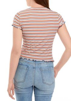 Elevated by a colorful stripe pattern, this comfy t-shirt from TRUE CRAFT is finished with a lettuce-edge hem. | TRUE CRAFT Women's Juniors' Short Sleeve Lettuce Edge T-Shirt, X-Large Casual Short Sleeve Tops With Striped Hem, Casual Fitted Top With Striped Hem, Casual T-shirt With Striped Hem For Spring, Trendy Cotton Tops With Striped Hem, Trendy Summer Top With Striped Hem, Lettuce, Stripes Pattern, Pattern, T Shirt