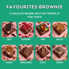 chocolate brownies with four toppings are shown on a green and pink background,