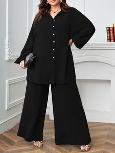 Black Casual Collar Long Sleeve  Plain  Embellished Non-Stretch Spring/Fall Plus Size Co-Ords Black Co Ord Set Women, Modest Co Ord Sets Women, Black Co Ord Outfit, Short Shirt With Plazo, Black Co Ord Set, Co Ord Sets Women, Plus Size Modest Outfits, Black Cord Set, Stitch Dresses