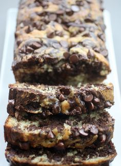 two slices of chocolate chip bread on a white plate