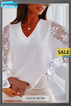 Plus Size Solid Long Sleeve Paneled Lace V Neck T-shirt Plus Size T Shirts, Women's Style, Plus Size Fashion, Neck T Shirt, V Neck T Shirt, Color White, Online Store, T Shirts For Women, Plus Size