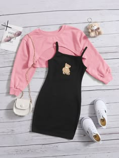 Rose pâle Casual Collar Manches longues  Cartoon  Embellished Pas de l'extensibilité Crop Pullover, Outfit Chic, Trendy Outfits For Teens