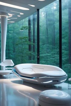 a futuristic living room with glass walls and trees in the background