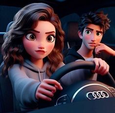 two people sitting in a car, one holding the steering wheel and the other looking at the camera