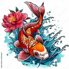 a koi fish with flowers on it's back and water splashing around