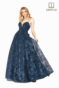 Color: Navy Neckline: ﻿Sweetheart Silhouette: Ballgown Fabric: Sequin Embroidered Tulle Brand: Lucci Lu Style #: 1084 A-line Gown With Fitted Bodice For Debutante Ball, A-line Gown With Lined Bodice For Debutante Ball, Elegant Embroidered Prom Ball Gown, A-line Prom Gown With Sweep Train, Fitted Embroidered Ball Gown For Prom, Embroidered Fitted Ball Gown For Prom, A-line Gown With Sweep Train For Prom, Embroidered Ball Gown For Prom, Prom Gown With Fitted Bodice And A-line Silhouette