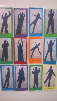 the silhouettes of people in different colors are arranged on colored paper with words that spell out their names