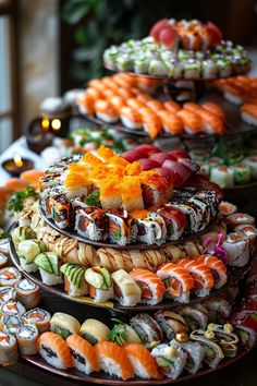 several different types of sushi are stacked on top of each other in this display