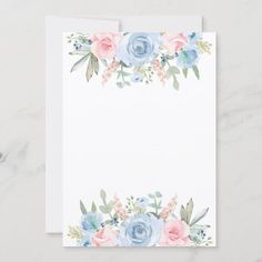 a white card with blue and pink flowers on it