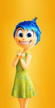 a cartoon character with blue hair is standing in front of a yellow background and wearing a green dress