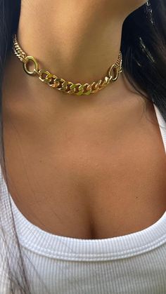 Florence Pugh Choker Necklace - Gold O Ring Necklace - Thick Link Chain Necklace, Chunky Necklace, Cuban Link Necklace - Punk Rocker Jewelry Trendy Metal Jewelry For Concerts, Punk Style Gold Jewelry With Adjustable Chain, Trendy Choker For Concert, Edgy Adjustable Gold Jewelry, Trendy Jewelry Chain For Concert, Trendy Chain Choker For Concerts, Punk Style Chain Jewelry For Concerts, Edgy Gold Jewelry For Party, Party Choker With Curb Chain