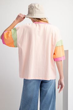 Details Brand: Easel Solid Color Top Multi Color Blocked Sleeves Cotton Jersey Material Round Neckline Dropped Shoulders Short Sleeves Raw Cut Details on Sleeves Loose and Relaxed Fit Material and Care 100% Cotton Contrast 1/2/3/4 100% Cotton Measurements of Garment Bust of the garment is measured armpit to armpit and then doubled. Length of the garment is measured from the top of the shoulder to the bottom of the hem line. Sleeve Length of the garment is measured from the top part of the should Pink Games, Rugby Fashion, Polished Casual, Oversized Top, Pink Sequin, Color Rosa, Basic Style, Sleeve Designs, Half Sleeve