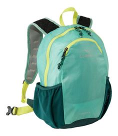 a blue backpack with yellow straps on the front and side pockets, it's attached to