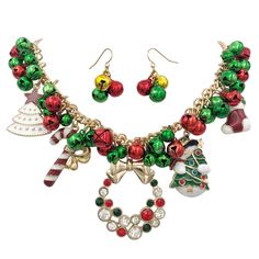 Approximately 18 Inches & 3 Inch Extender Alloy Metal, Hand Painted Enamel, Glass Rhinestones Matching Dangle Earrings Included Jingle Bells Actually Jingle! Super Festive! Alloy Metal, Resin, Glass Rhinestones Multiple Available. Each Can Differ Slightly. Large Big Chunky Statement Vintage Look Classic Dressy Fancy Crystal Cz Formal Light Dark Mixed Bold Unique Charm Stocking Tree Wreath Snowman Candy Cane Winter New Year Holiday Jewelry, Festive Holiday Jewelry With Dangle Shape, Christmas Dangle Jewelry For Celebration, Dangle Jewelry For Christmas Celebration, Festive Holiday Dangle Jewelry, Christmas Celebration Dangle Jewelry, Holiday Dangle Jewelry, Festive New Year Dangle Jewelry, Wreath Snowman