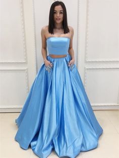 Silhouette:?A Line Waist: Natural Sleeve Length: Sleeveless Fabric: Satin Built-In Bra: Yes Blue Two Piece Prom Dress, Blue Satin Prom Dress, Prom Dress With Pockets, Two Piece Prom Dress, Two Piece Prom, Strapless Prom Dress, 2024 Prom, Blue Two Piece, Strapless Prom Dresses