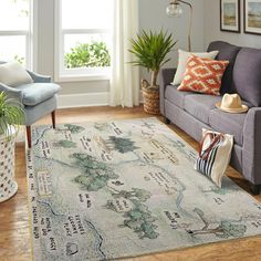 a living room filled with furniture and a rug on top of a hard wood floor