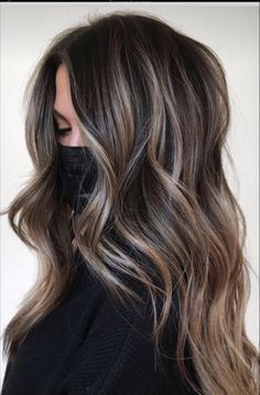 Dark Brown Base With Ash Blonde Balayage, Highlights To Disguise Gray Hair, Trendy Highlights For Brunettes, Brunette With Ash Blonde Highlights, Ashy Babylights On Dark Hair, Deep Brown Hair, Balayage Ideas, Hair Play, Mom Hair