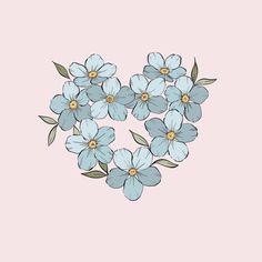 blue flowers are arranged in the shape of a heart on a pink background with green leaves