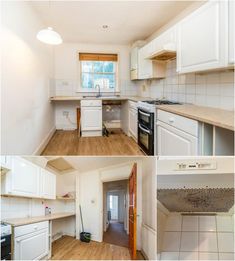 three different pictures of a kitchen with white cabinets and wood flooring, including an oven, sink, stove top, and refrigerator