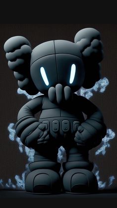 a cartoon character with glowing eyes standing in front of a black background and holding his hands behind his back