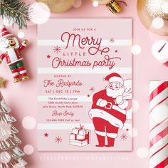 a pink christmas party flyer with santa clause and candy canes on the table next to it