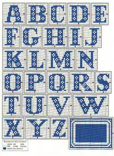 cross stitch alphabets with letters and numbers in blue, black and white colors on a white background