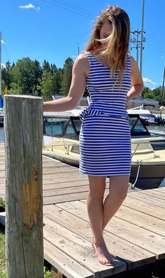 "Retro Betsey Johnson blue and white striped dress, women's size medium, fits 4-6, stretchy. Classic stripes with fun and funky ruffles around the waist and lower back/booty. Super cute fit, just right for a day dockside. All measurements taken with the garment laid flat 35\" shoulder to hem 16\" pit to pit 13.5\" waist 18\" hips" Fitted Striped Beach Dress, Fitted Striped Dresses For The Beach, Fitted Summer Dresses With Striped Hem, Summer Nautical Style Fitted Dress, Fitted Nautical Summer Dress, Fitted Nautical Dress For Spring, Fitted Nautical Dress For Summer, Casual Blue Dress With Striped Hem, Blue And White Striped Dress