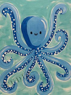 an octopus painting with blue and white swirls on it's body, in front of a green background